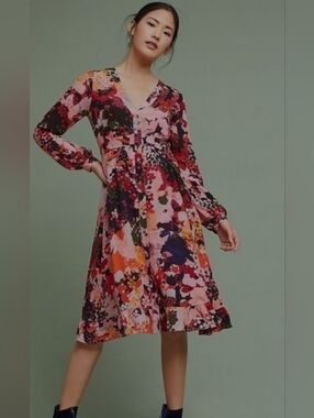 Anthroplogie Maeve Pink 100% Silk Printed Floral Midi Dress Size 00 (XS/S)